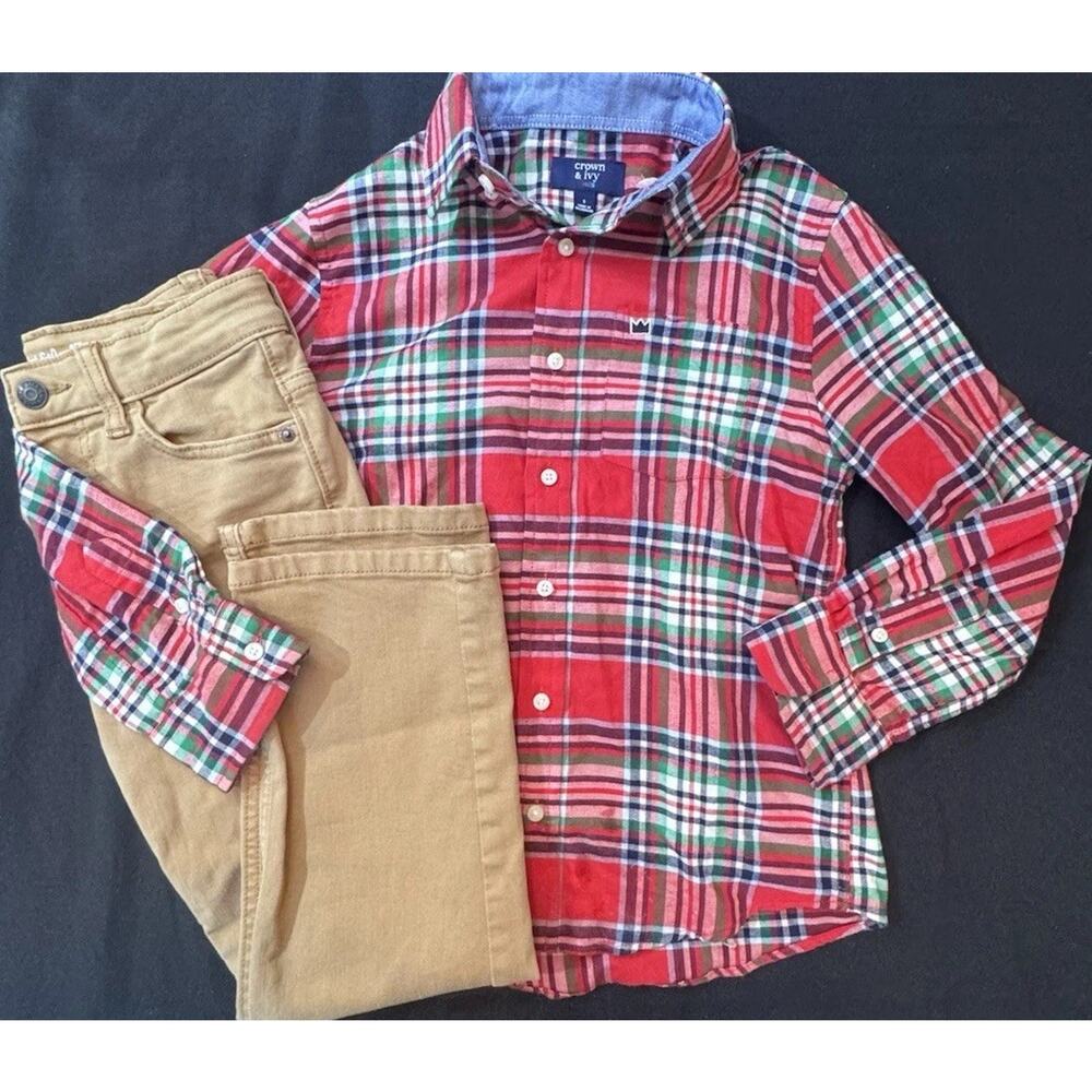 Boys Outfit Bundle Crown & Ivy Button-Up + Cat And Jack Sz 7 Pants